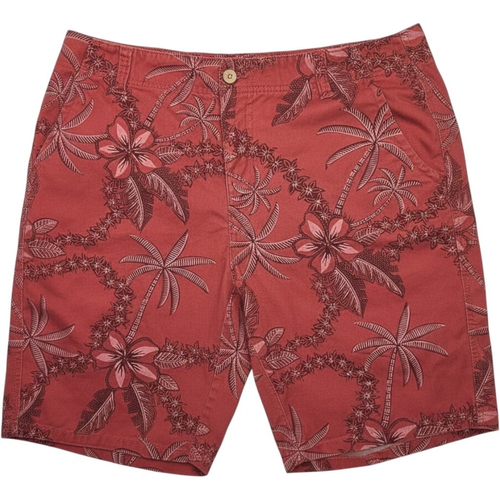 Plugg Mens 36 Tropical Palm Tree Hibiscus Floral Cotton Shorts Red Burgundy